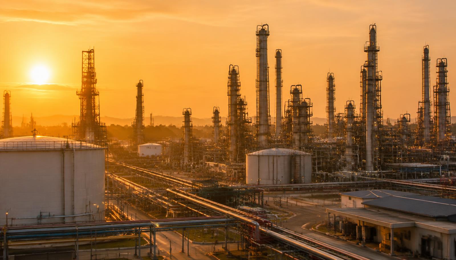 Oil refinery complex at sunset